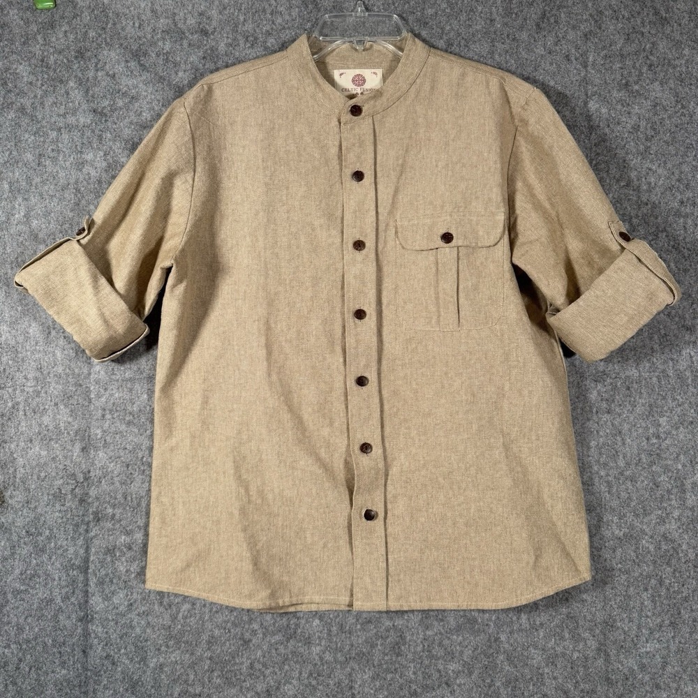 Celtic Fusion Woven Top Womens XL Irish Ireland Twill Beige Flap Pocket Roll Tab